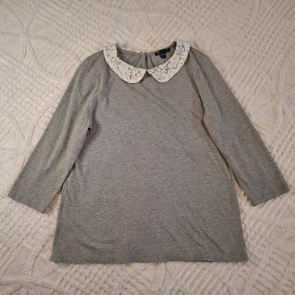 Gap Womens Medium 3/4 Sleeve Top Grey Lace Peter Pan Collar Heathered Knit